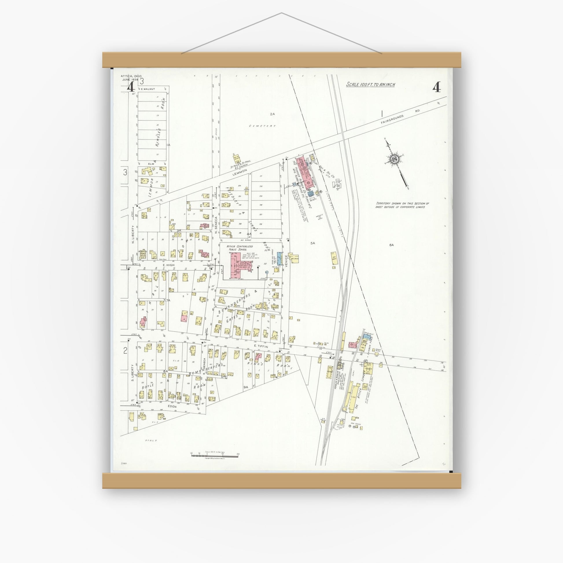 Old map wall art mockup — magnetic wood frame on white wall — Sanborn Fire Insurance Map from Attica, Seneca County, Ohio (1938), Sheet #0004