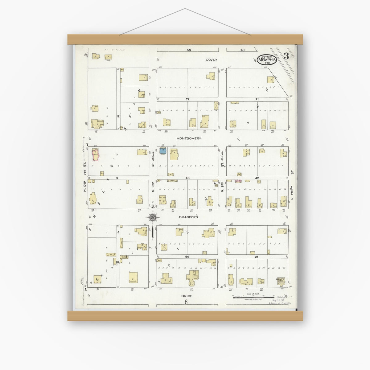 Old map wall art mockup — magnetic wood frame on white wall — Sanborn Fire Insurance Map from Memphis, Hall County, Texas (1920), Sheet #0003
