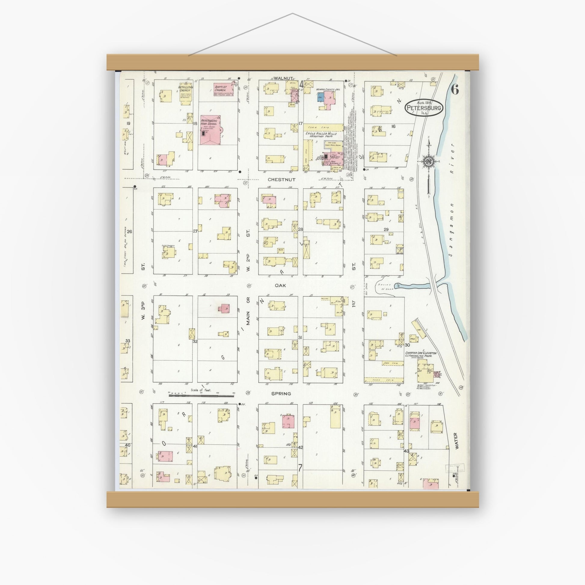 Old map wall art mockup — magnetic wood frame on white wall — Sanborn Fire Insurance Map from Petersburg, Menard County, Illinois (1914), Sheet #0006