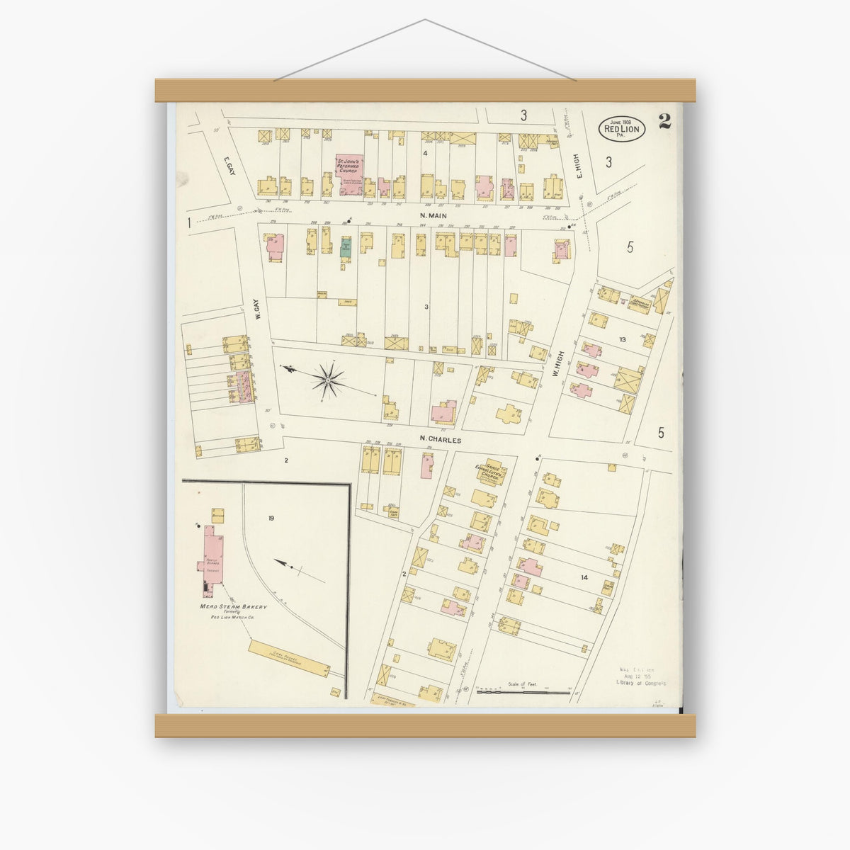 Old map wall art mockup — magnetic wood frame on white wall — Sanborn Fire Insurance Map from Red Lion, York County, Pennsylvania (1908), Sheet #0002