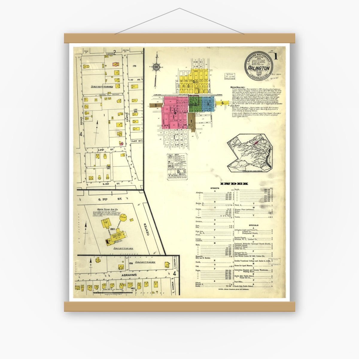 Old map wall art mockup — magnetic wood frame on white wall — Sanborn Fire Insurance Map from Arlington, Tarrant County, Texas (1917), Sheet #0001