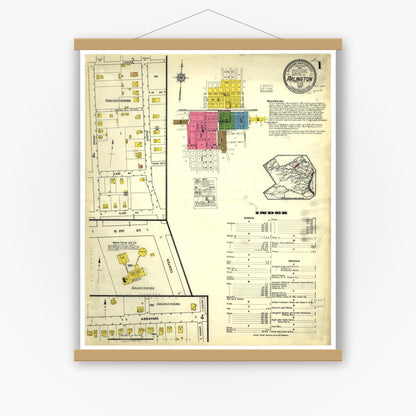 Old map wall art mockup — magnetic wood frame on white wall — Sanborn Fire Insurance Map from Arlington, Tarrant County, Texas (1917), Sheet #0001