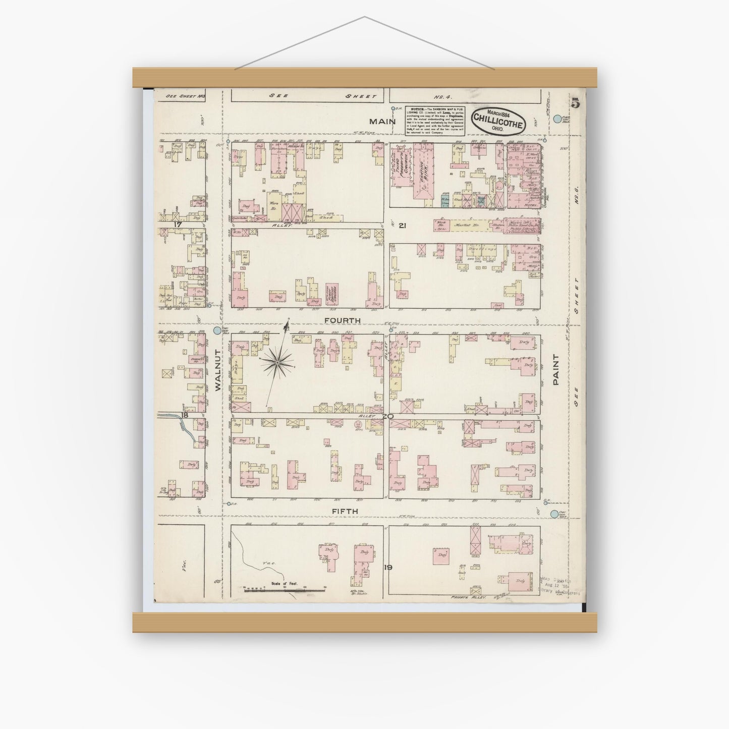 Old map wall art mockup — magnetic wood frame on white wall — Sanborn Fire Insurance Map from Chillicothe, Ross County, Ohio (1884), Sheet #0005