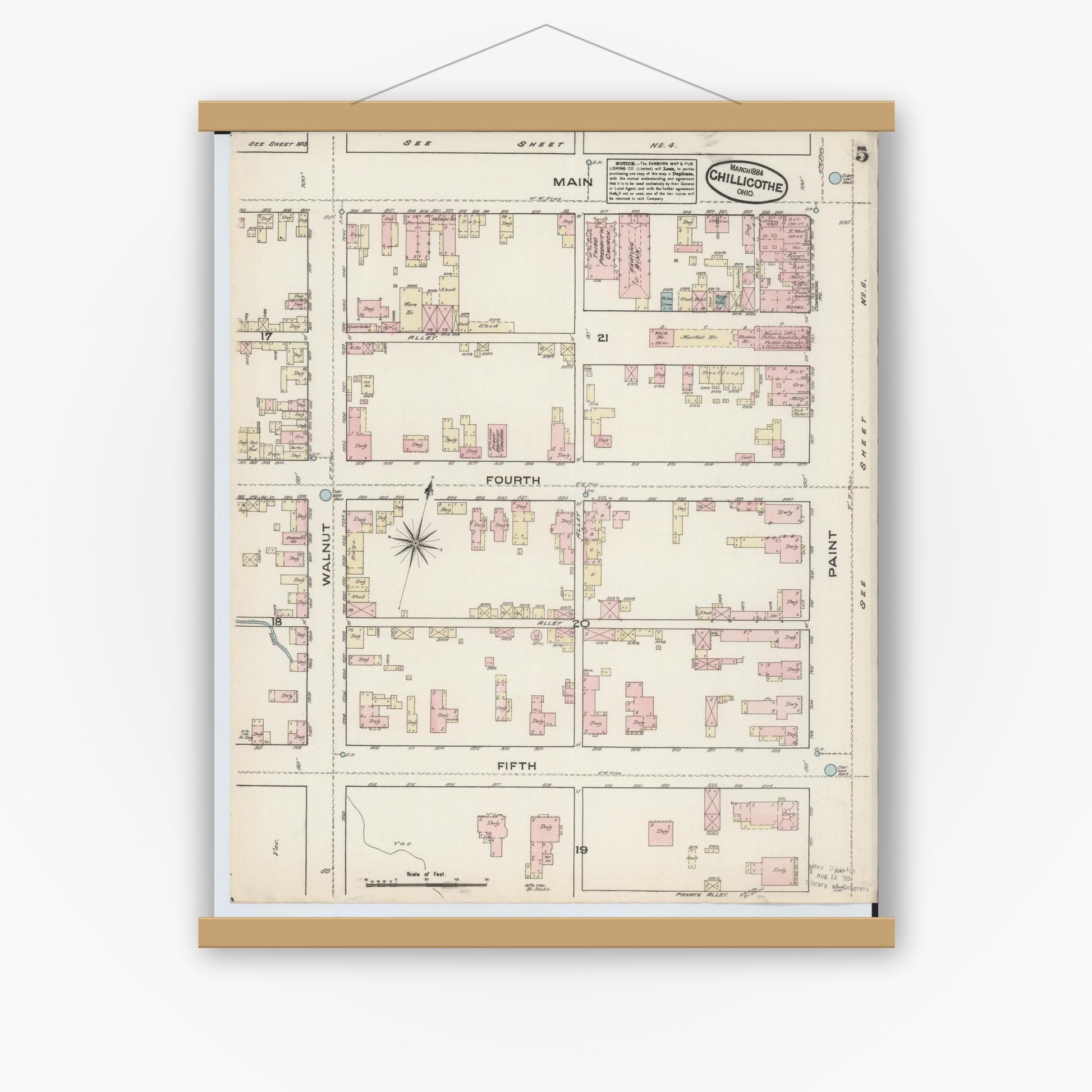 Old map wall art mockup — magnetic wood frame on white wall — Sanborn Fire Insurance Map from Chillicothe, Ross County, Ohio (1884), Sheet #0005