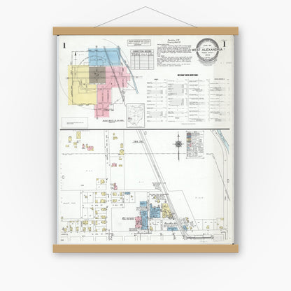 Old map wall art mockup — magnetic wood frame on white wall — Sanborn Fire Insurance Map from West Alexandria, Preble County, Ohio (1951) - Complete Map Set