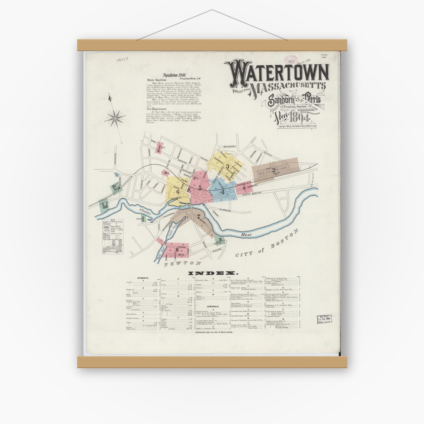 Old map wall art mockup — magnetic wood frame on white wall — Sanborn Fire Insurance Map from Watertown, Middlesex County, Massachusetts (1894) - Complete Map Set