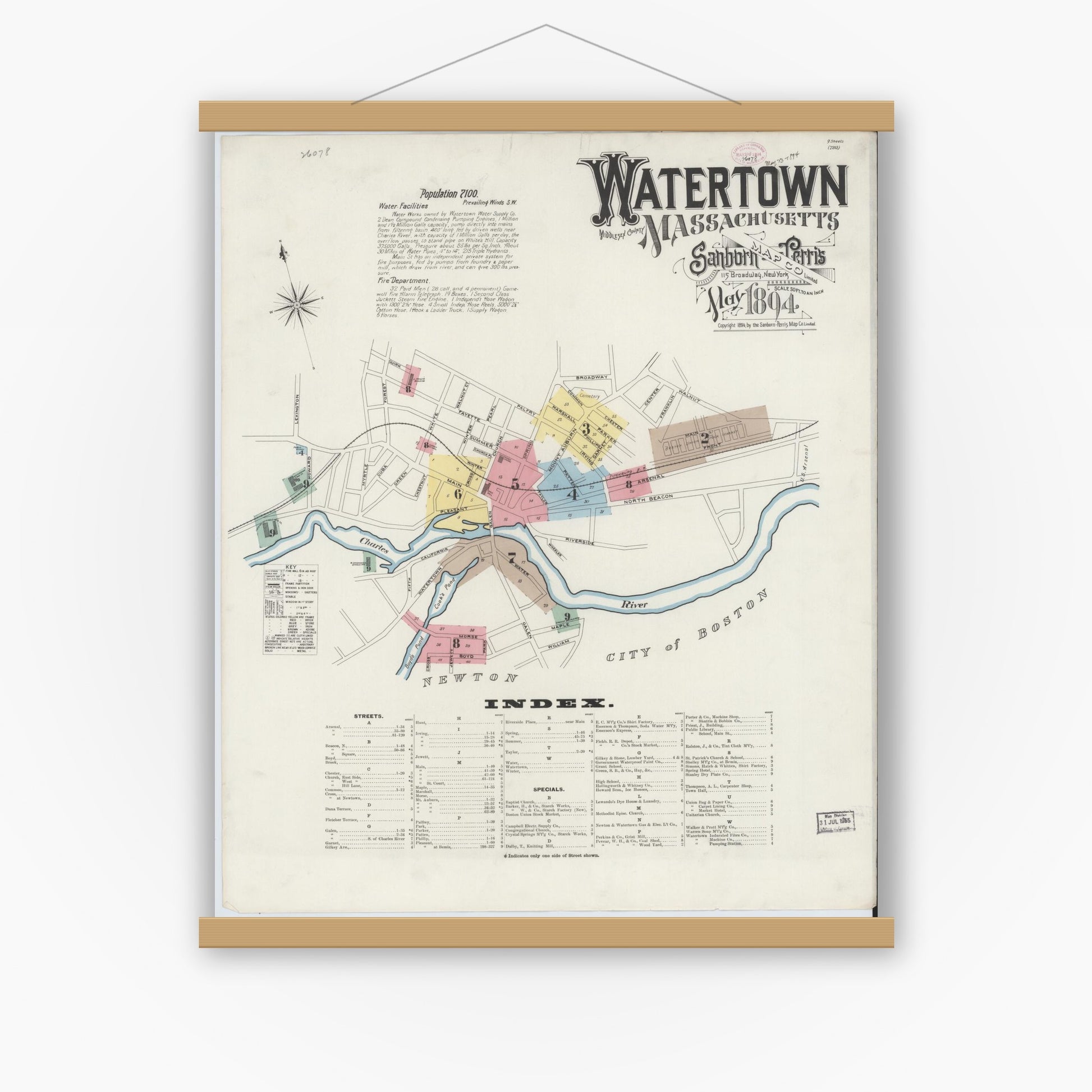 Old map wall art mockup — magnetic wood frame on white wall — Sanborn Fire Insurance Map from Watertown, Middlesex County, Massachusetts (1894) - Complete Map Set