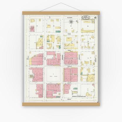 Old map wall art mockup — magnetic wood frame on white wall — Sanborn Fire Insurance Map from Clarksville, Red River County, Texas (1906), Sheet #0006