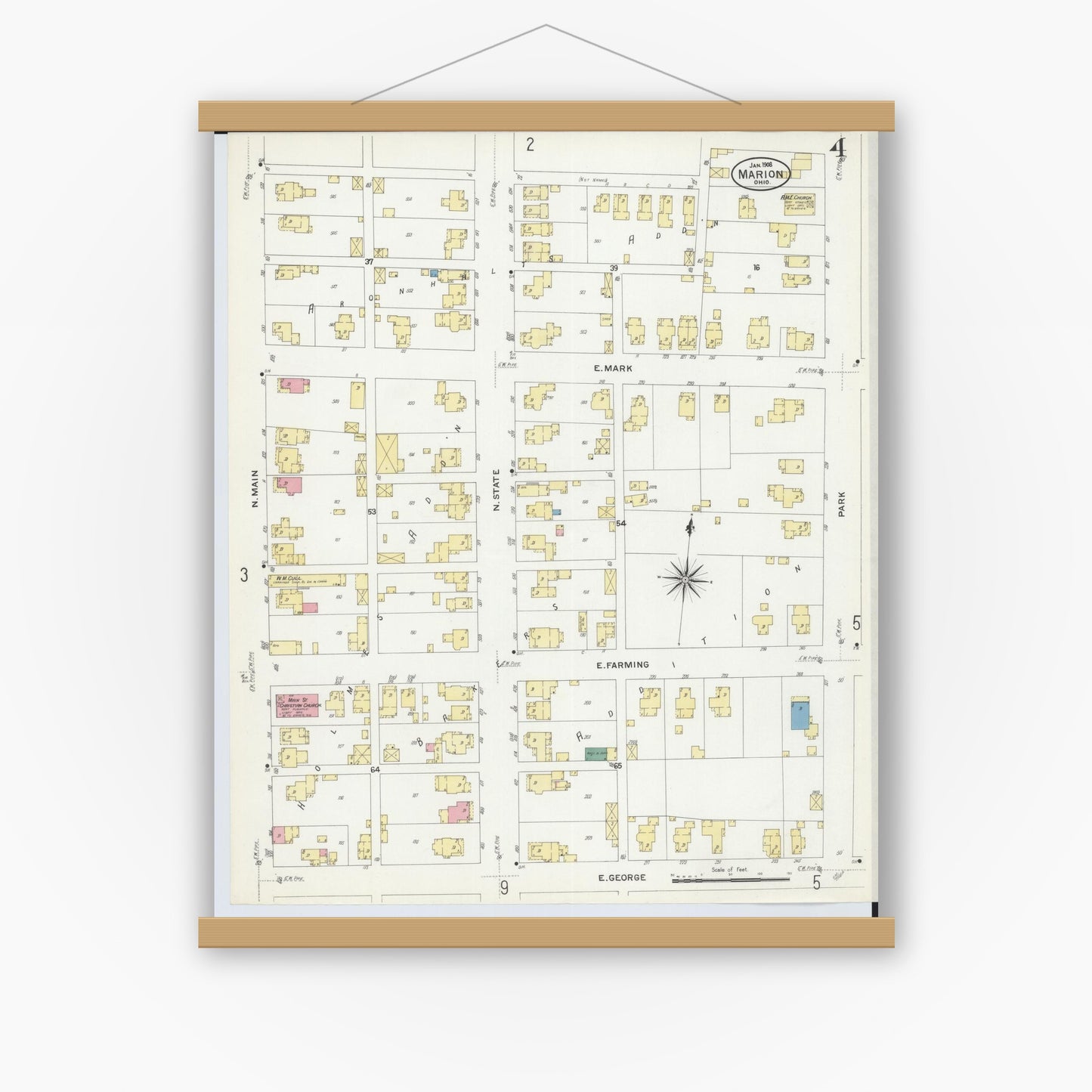 Old map wall art mockup — magnetic wood frame on white wall — Sanborn Fire Insurance Map from Marion, Marion County, Ohio (1908), Sheet #0004
