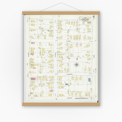 Old map wall art mockup — magnetic wood frame on white wall — Sanborn Fire Insurance Map from Marion, Marion County, Ohio (1908), Sheet #0004