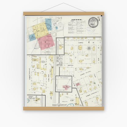 Old map wall art mockup — magnetic wood frame on white wall — Sanborn Fire Insurance Map from Casey, Clark County, Illinois (1898) - Complete Map Set