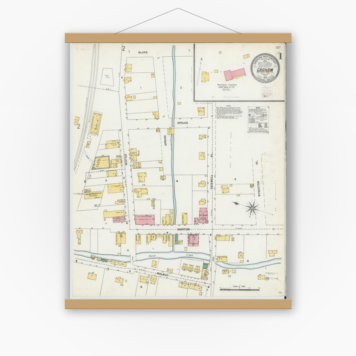 Old map wall art mockup — magnetic wood frame on white wall — Sanborn Fire Insurance Map from Graham, Tazewell County, Virginia (1903) - Complete Map Set
