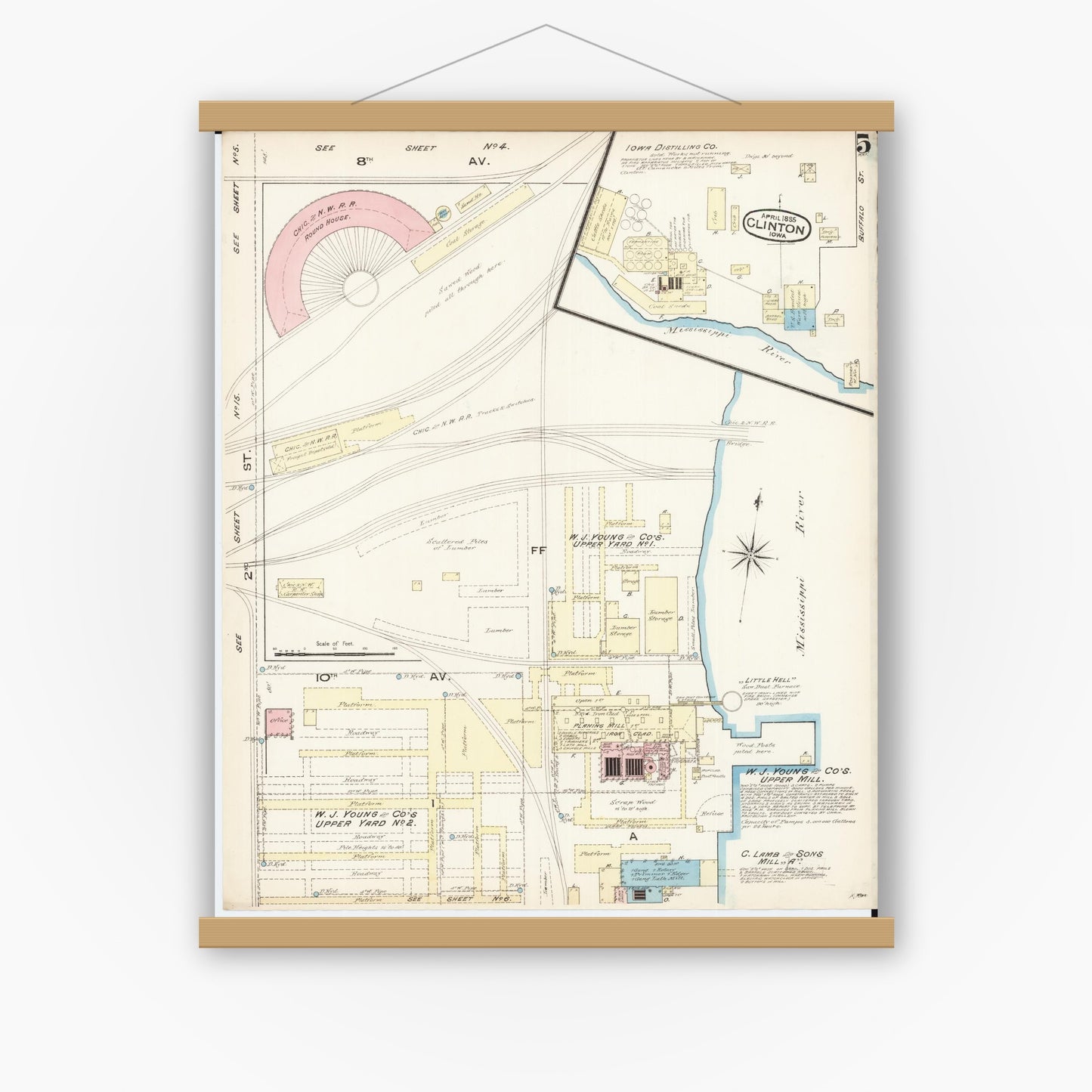 Old map wall art mockup — magnetic wood frame on white wall — Sanborn Fire Insurance Map from Clinton, Clinton County, Iowa (1885), Sheet #0005