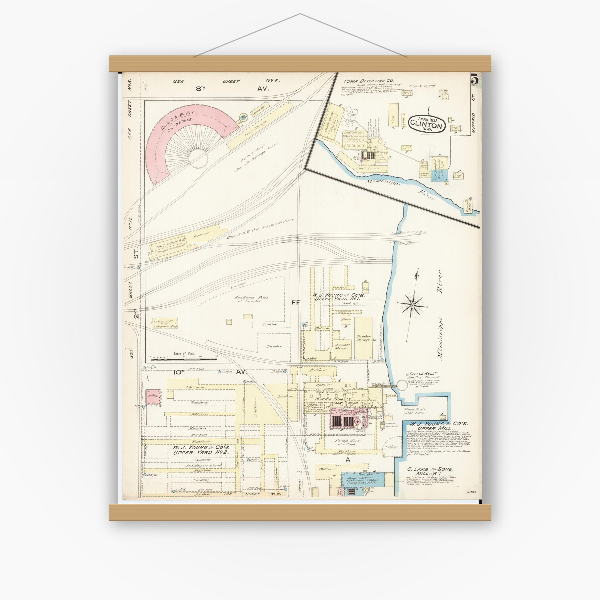 Old map wall art mockup — magnetic wood frame on white wall — Sanborn Fire Insurance Map from Clinton, Clinton County, Iowa (1885), Sheet #0005