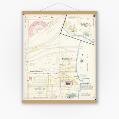 Old map wall art mockup — magnetic wood frame on white wall — Sanborn Fire Insurance Map from Clinton, Clinton County, Iowa (1885), Sheet #0005