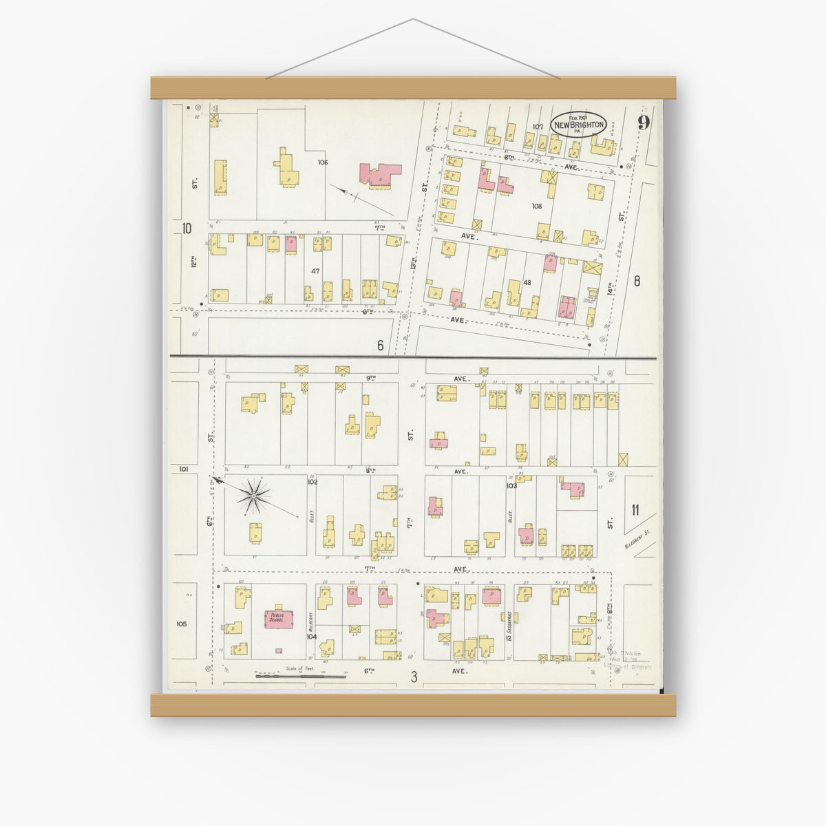 Old map wall art mockup — magnetic wood frame on white wall — Sanborn Fire Insurance Map from New Brighton, Beaver County, Pennsylvania (1901), Sheet #0009