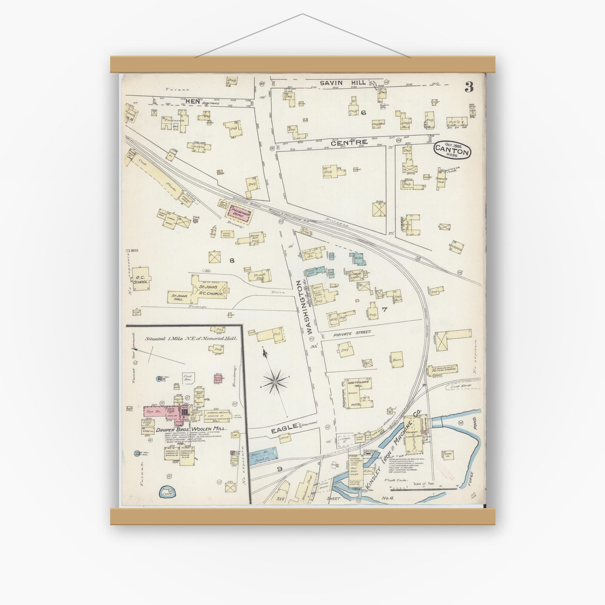 Old map wall art mockup — magnetic wood frame on white wall — Sanborn Fire Insurance Map from Canton, Norfolk County, Massachusetts (1885), Sheet #0003