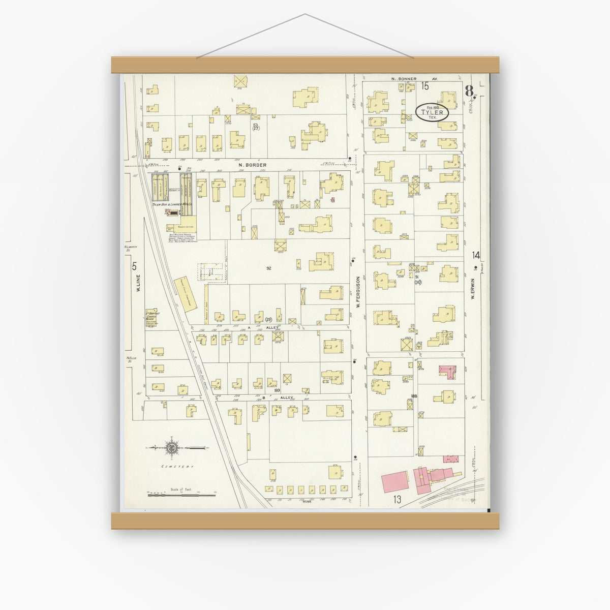 Old map wall art mockup — magnetic wood frame on white wall — Sanborn Fire Insurance Map from Tyler, Smith County, Texas (1912), Sheet #0008
