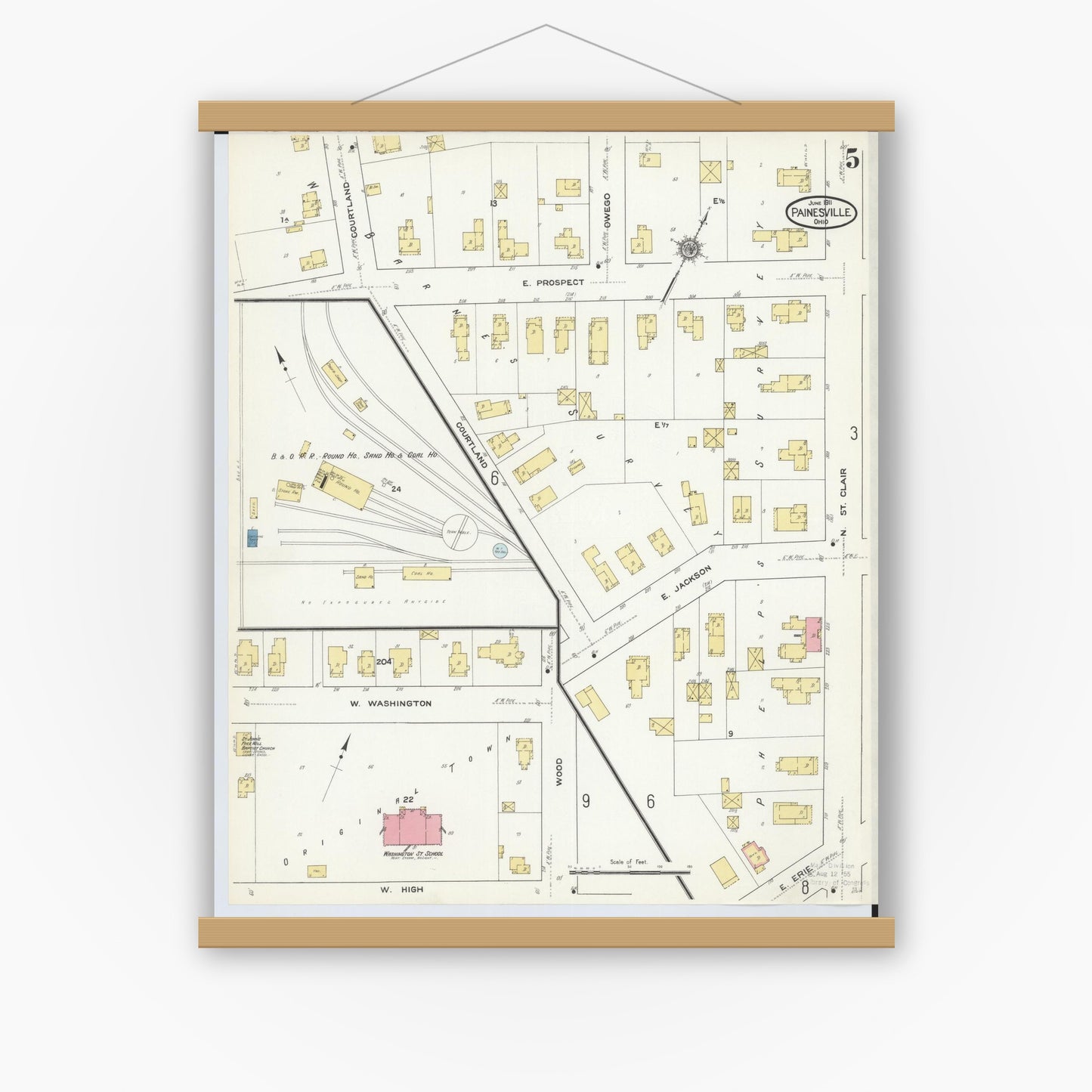 Old map wall art mockup — magnetic wood frame on white wall — Sanborn Fire Insurance Map from Painesville, Lake County, Ohio (1911), Sheet #0005