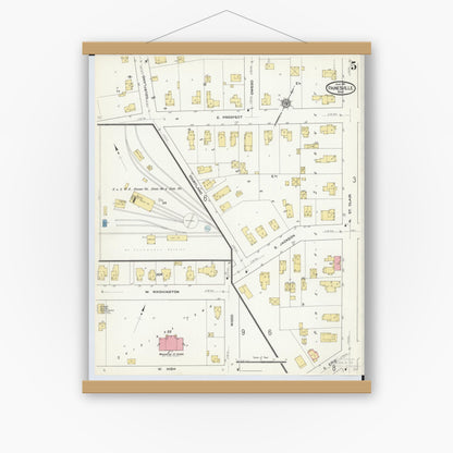 Old map wall art mockup — magnetic wood frame on white wall — Sanborn Fire Insurance Map from Painesville, Lake County, Ohio (1911), Sheet #0005