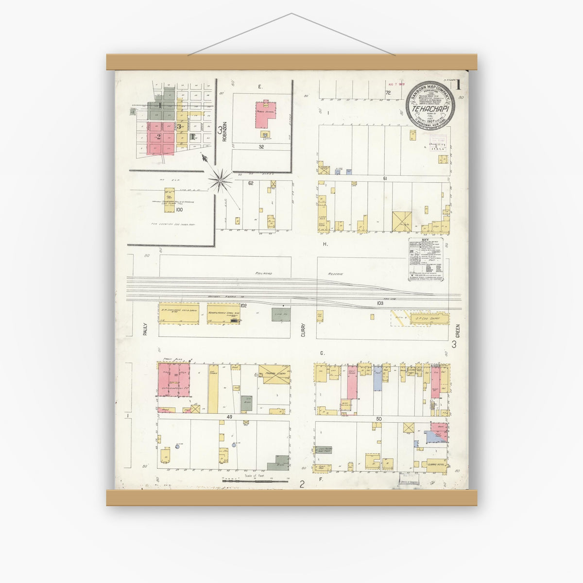 Old map wall art mockup — magnetic wood frame on white wall — Sanborn Fire Insurance Map from Tehachapi, Kern County, California (1907) - Complete Map Set