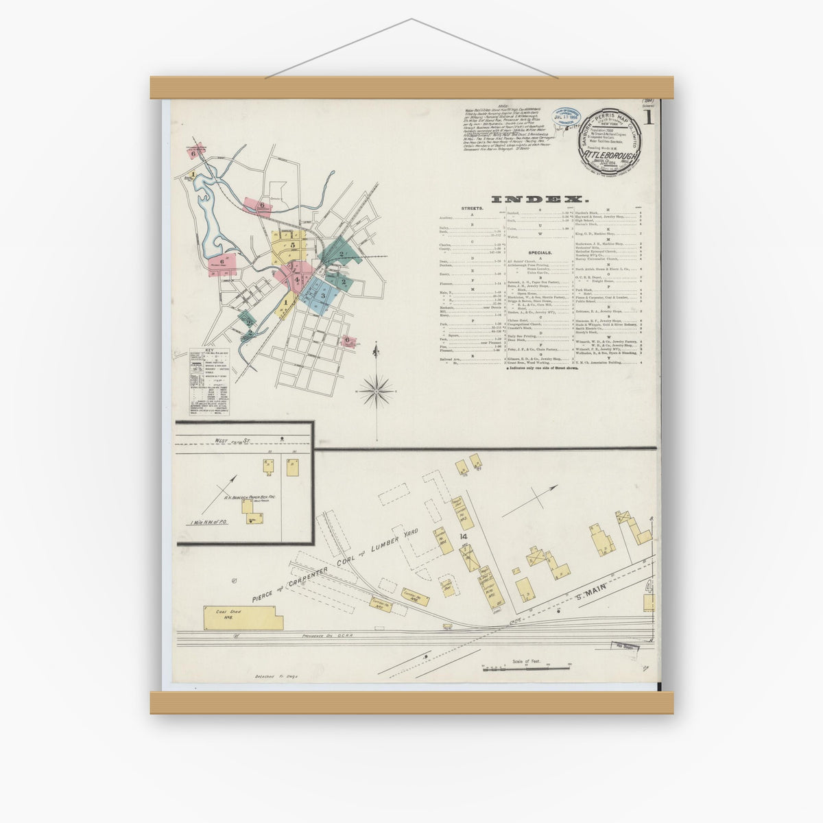 Old map wall art mockup — magnetic wood frame on white wall — Sanborn Fire Insurance Map from Attleboro, Bristol County, Massachusetts (1894) - Complete Map Set
