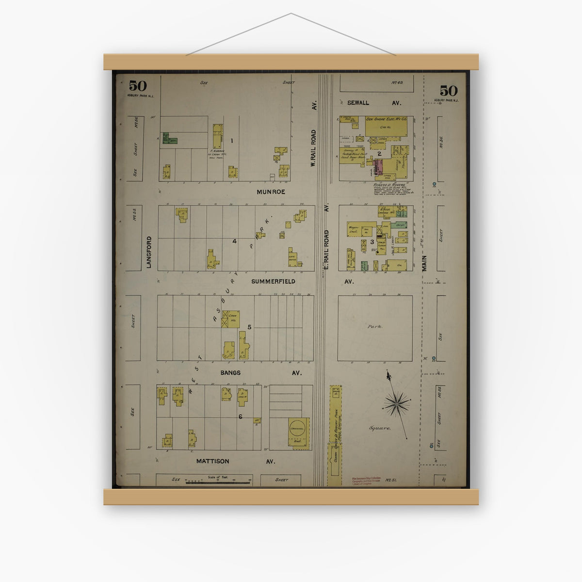 Old map wall art mockup — magnetic wood frame on white wall — Sanborn Fire Insurance Map from New Jersey Coast, New Jersey Coast, New Jersey (1890), Sheet #0050