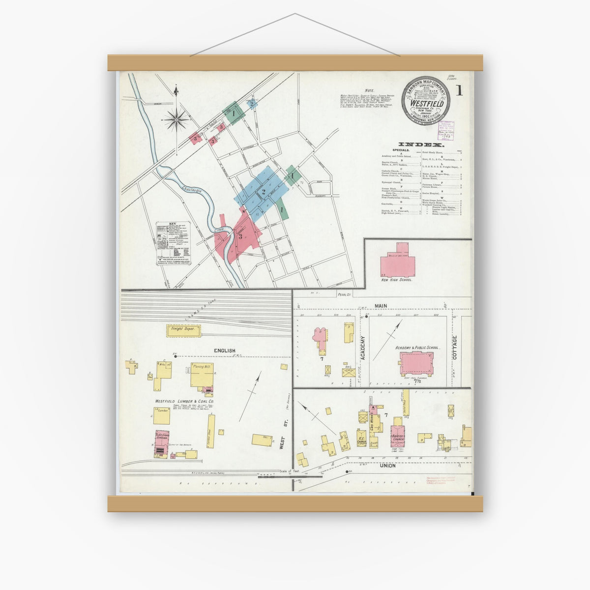 Old map wall art mockup — magnetic wood frame on white wall — Sanborn Fire Insurance Map from Westfield, Chautauqua County, New York (1902) - Complete Map Set
