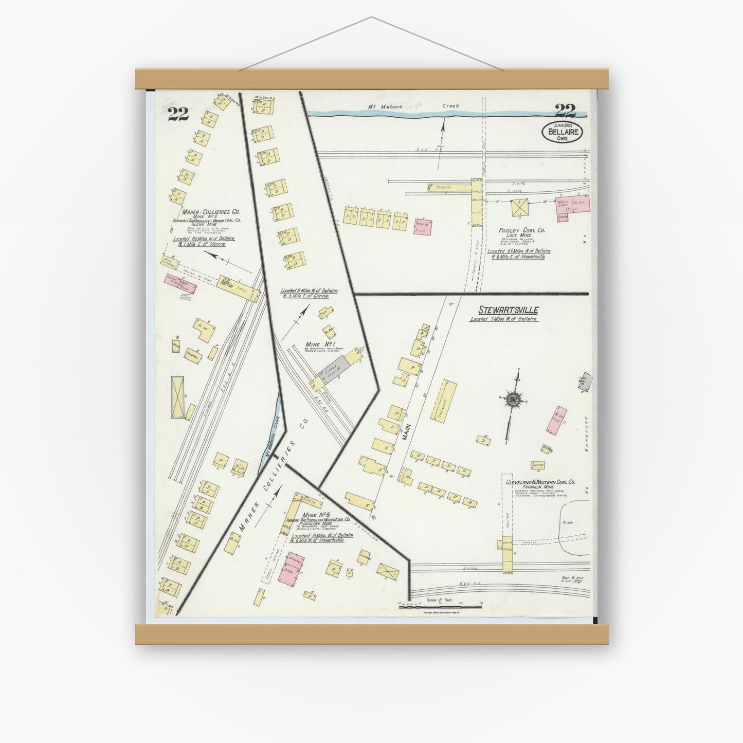 Old map wall art mockup — magnetic wood frame on white wall — Sanborn Fire Insurance Map from Bellaire, Belmont County, Ohio (1924), Sheet #0022
