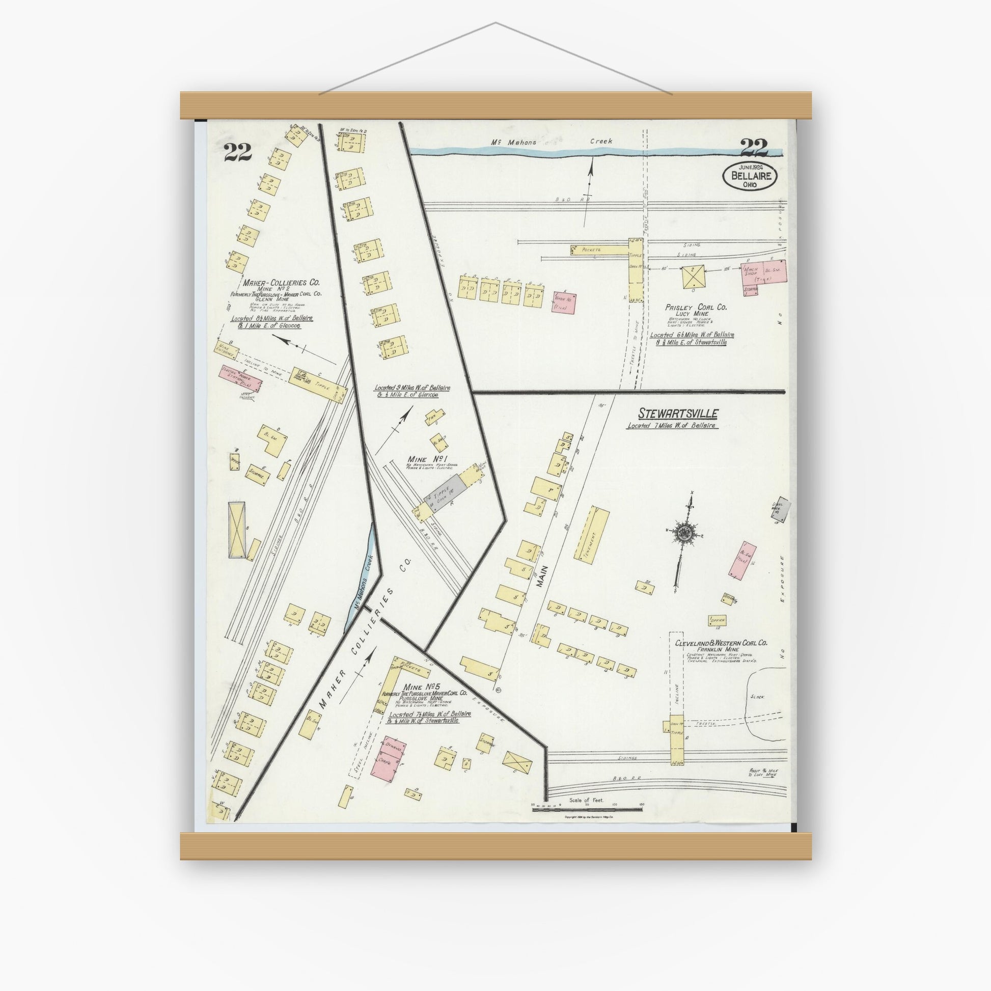 Old map wall art mockup — magnetic wood frame on white wall — Sanborn Fire Insurance Map from Bellaire, Belmont County, Ohio (1924), Sheet #0022