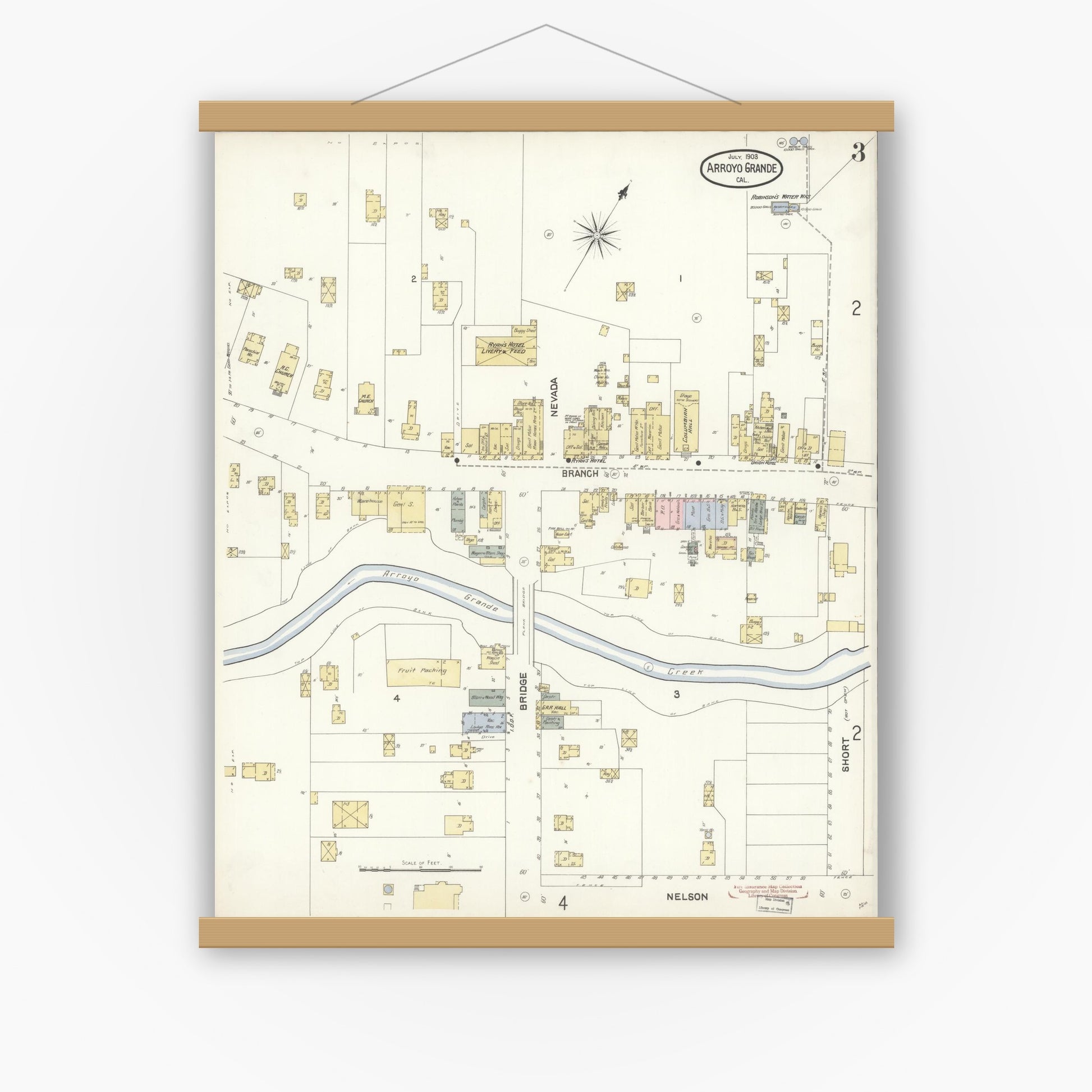 Old map wall art mockup — magnetic wood frame on white wall — Sanborn Fire Insurance Map from Arroyo Grande, San Luis Obispo County, California (1903), Sheet #0003
