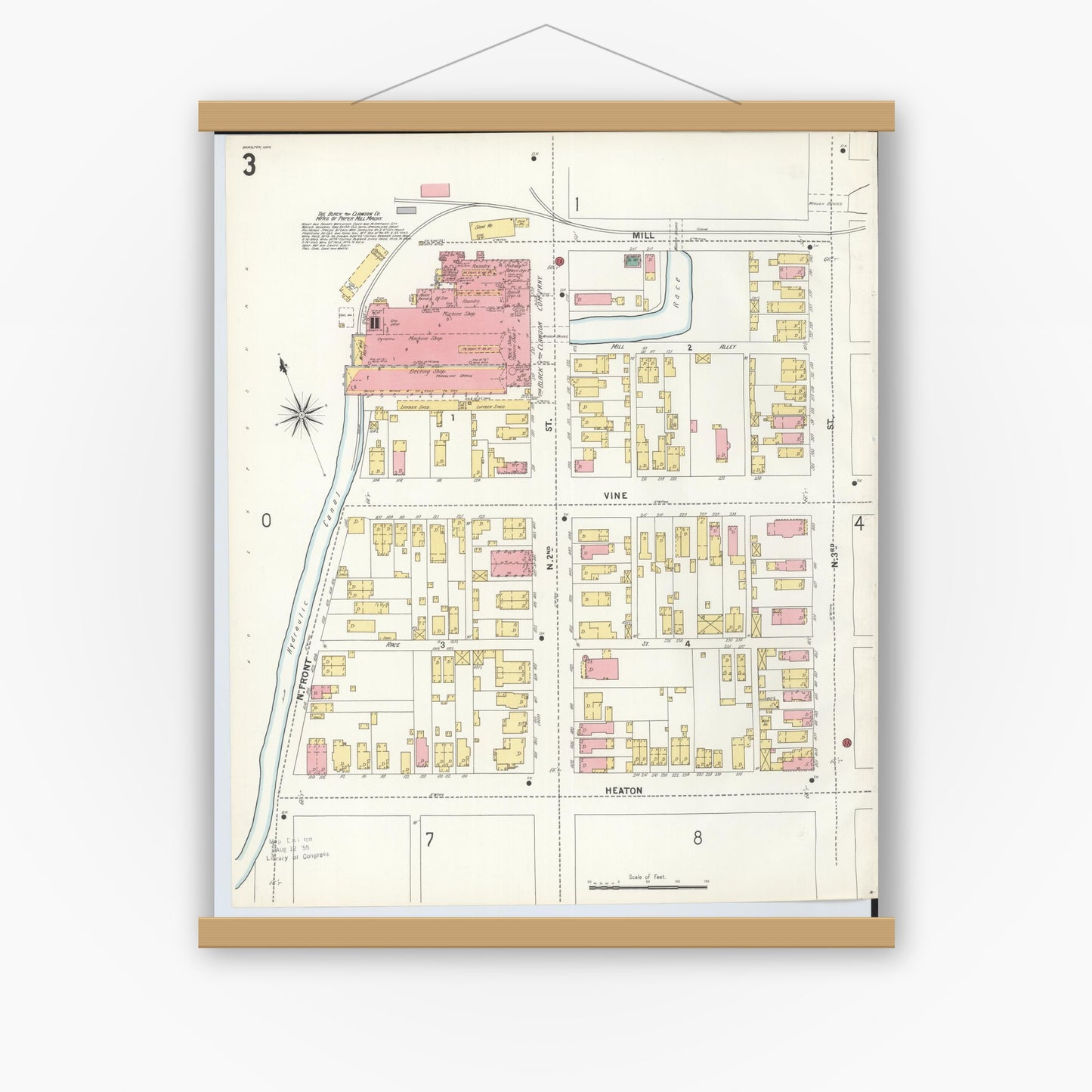 Old map wall art mockup — magnetic wood frame on white wall — Sanborn Fire Insurance Map from Hamilton, Butler County, Ohio (1899), Sheet #0003