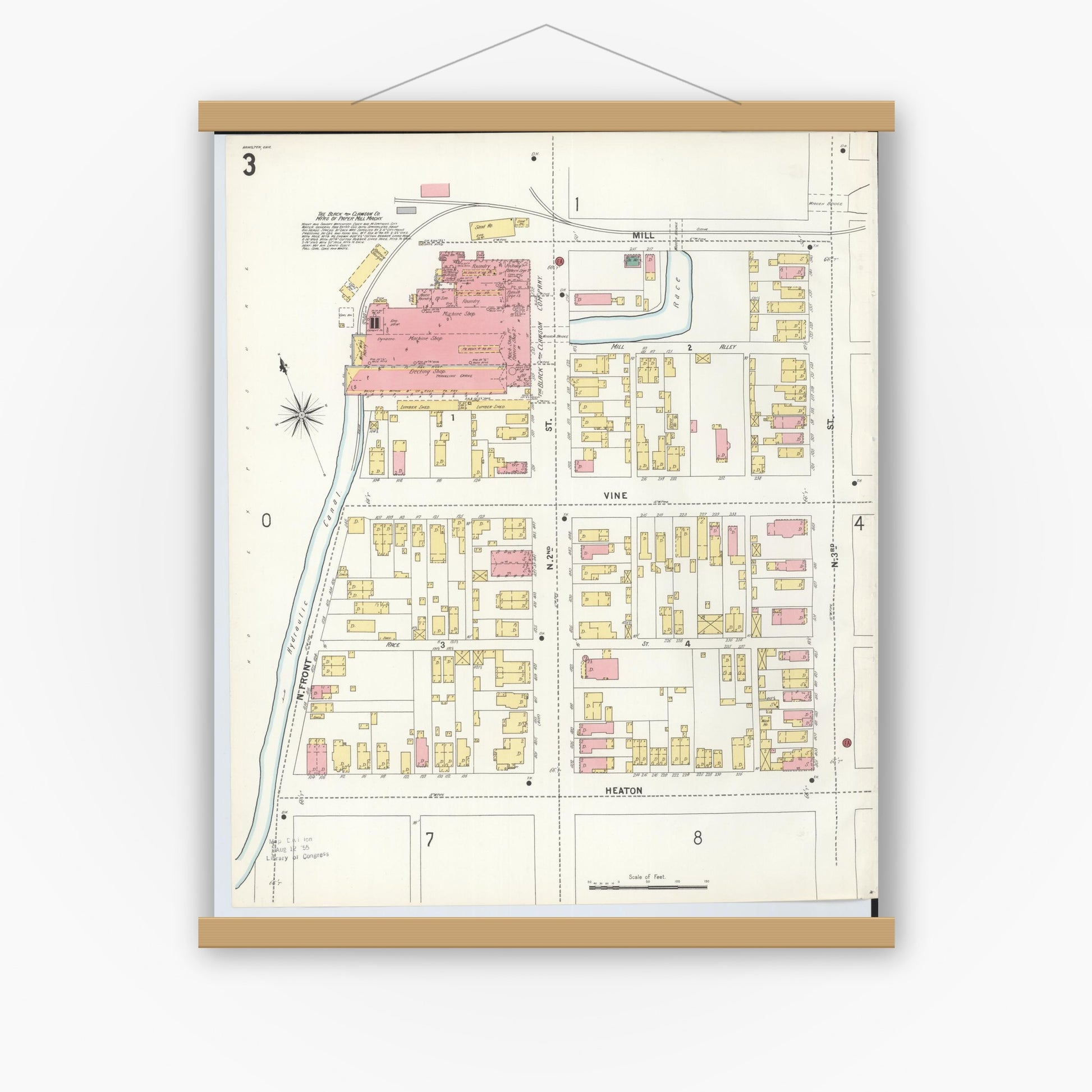 Old map wall art mockup — magnetic wood frame on white wall — Sanborn Fire Insurance Map from Hamilton, Butler County, Ohio (1899), Sheet #0003