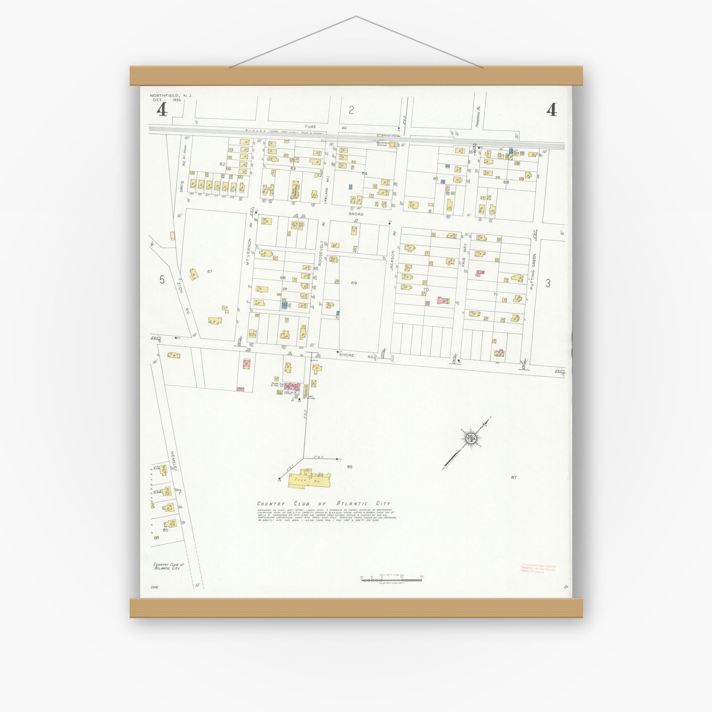 Old map wall art mockup — magnetic wood frame on white wall — Sanborn Fire Insurance Map from Northfield, Atlantic County, New Jersey (1933), Sheet #0004