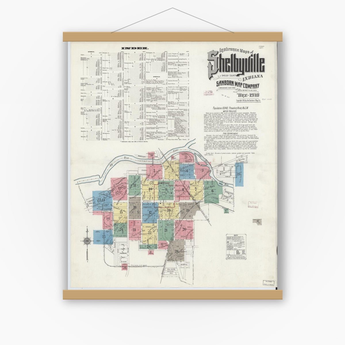 Old map wall art mockup — magnetic wood frame on white wall — Sanborn Fire Insurance Map from Shelbyville, Shelby County, Indiana (1910) - Complete Map Set