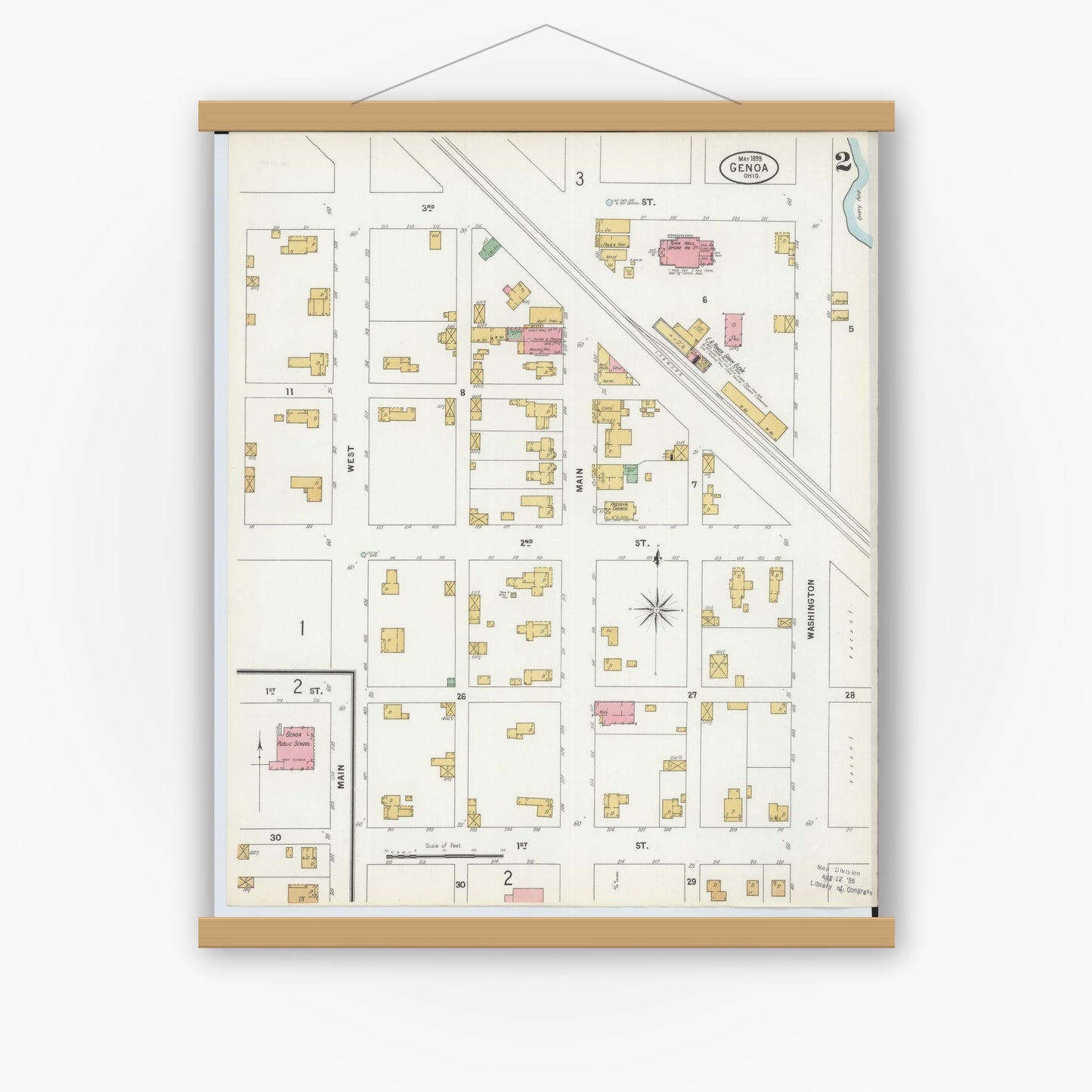 Old map wall art mockup — magnetic wood frame on white wall — Sanborn Fire Insurance Map from Genoa, Ottawa County, Ohio (1899), Sheet #0002