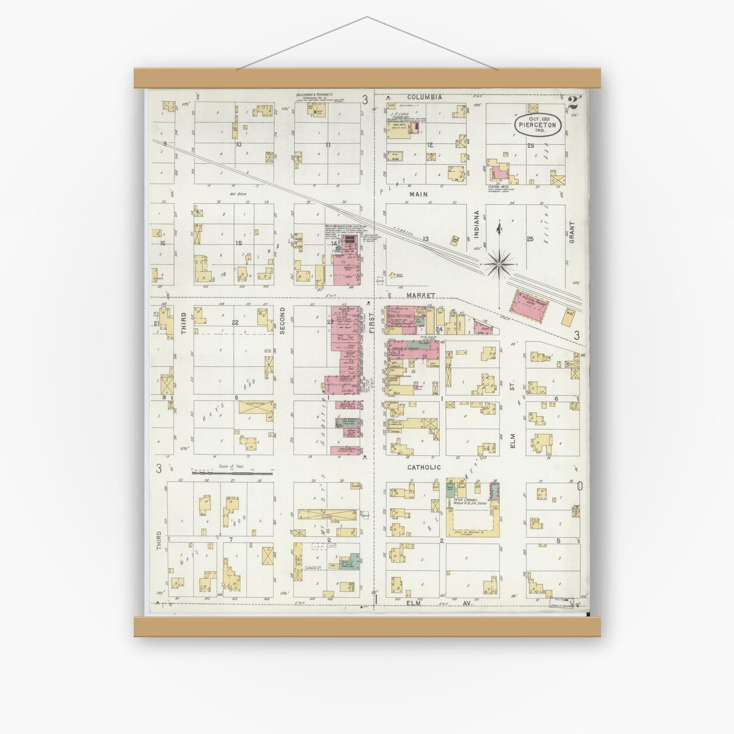 Old map wall art mockup — magnetic wood frame on white wall — Sanborn Fire Insurance Map from Pierceton, Kosciusko County, Indiana (1901), Sheet #0002