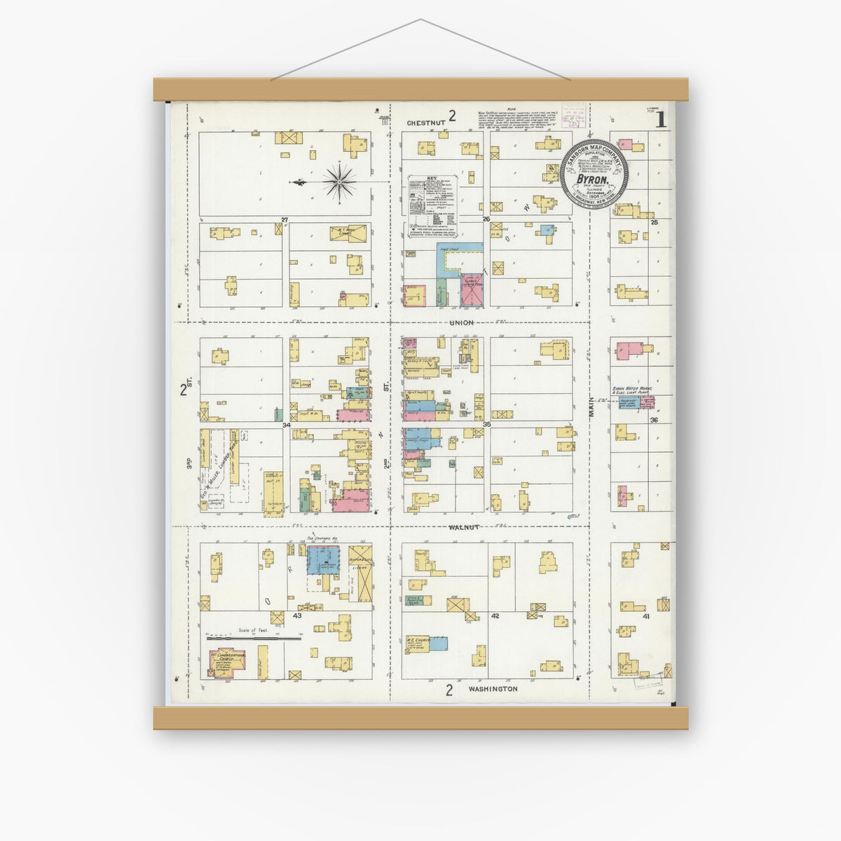 Old map wall art mockup — magnetic wood frame on white wall — Sanborn Fire Insurance Map from Byron, Ogle County, Illinois (1904) - Complete Map Set