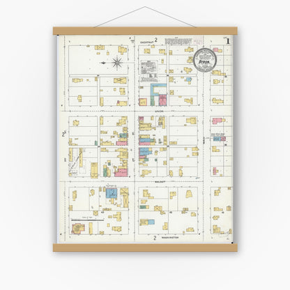 Old map wall art mockup — magnetic wood frame on white wall — Sanborn Fire Insurance Map from Byron, Ogle County, Illinois (1904) - Complete Map Set