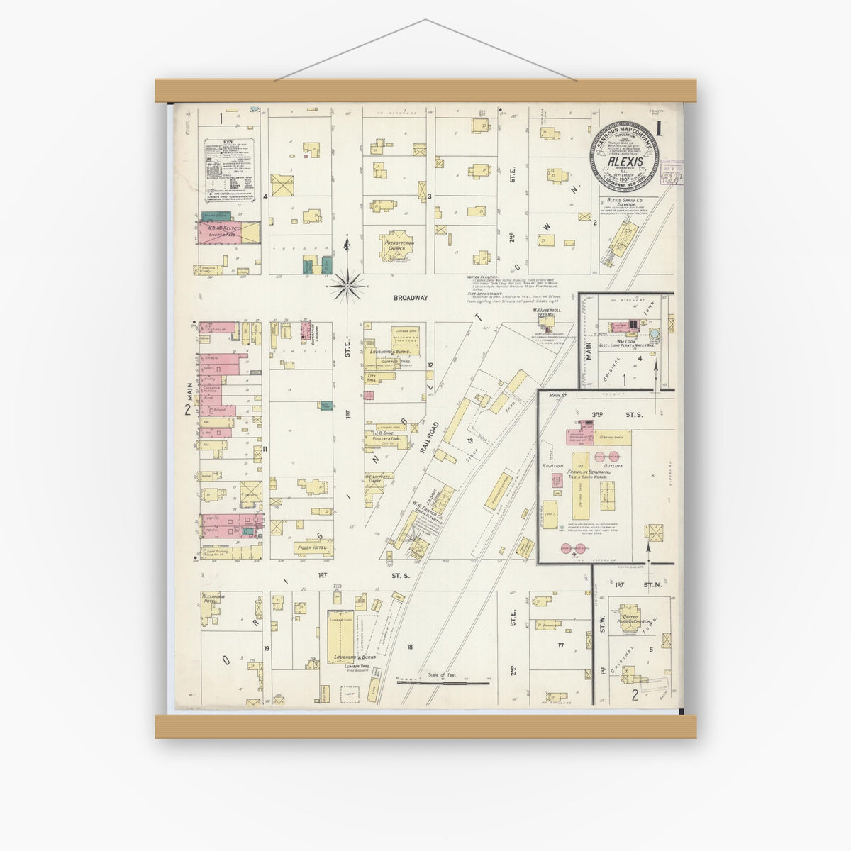 Old map wall art mockup — magnetic wood frame on white wall — Sanborn Fire Insurance Map from Alexis, Warren County, Illinois (1907), Sheet #0001