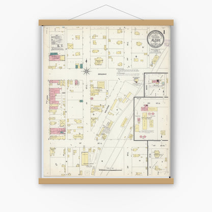 Old map wall art mockup — magnetic wood frame on white wall — Sanborn Fire Insurance Map from Alexis, Warren County, Illinois (1907), Sheet #0001