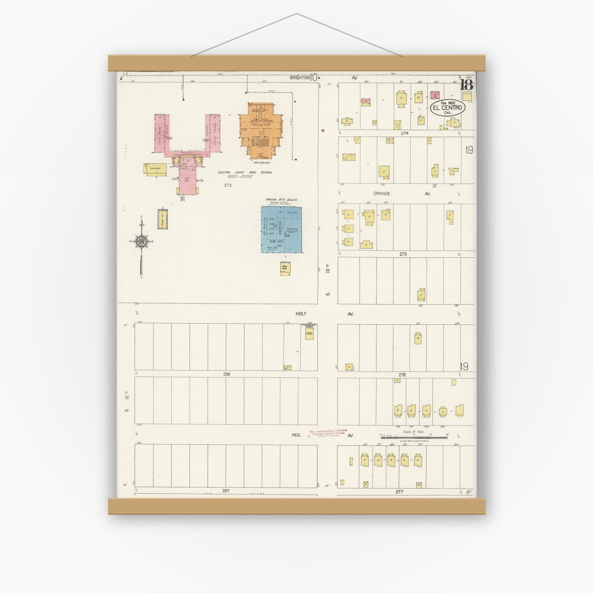 Old map wall art mockup — magnetic wood frame on white wall — Sanborn Fire Insurance Map from El Centro, Imperial County, California (1922), Sheet #0018