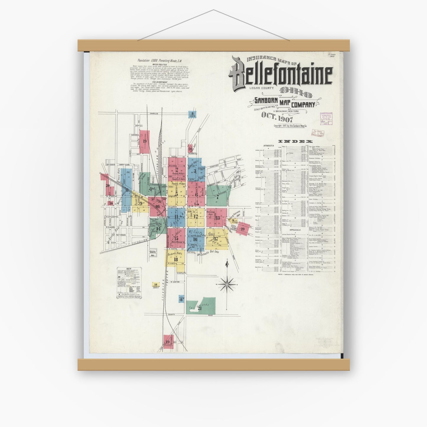 Old map wall art mockup — magnetic wood frame on white wall — Sanborn Fire Insurance Map from Bellefontaine, Logan County, Ohio (1907), Sheet #0001