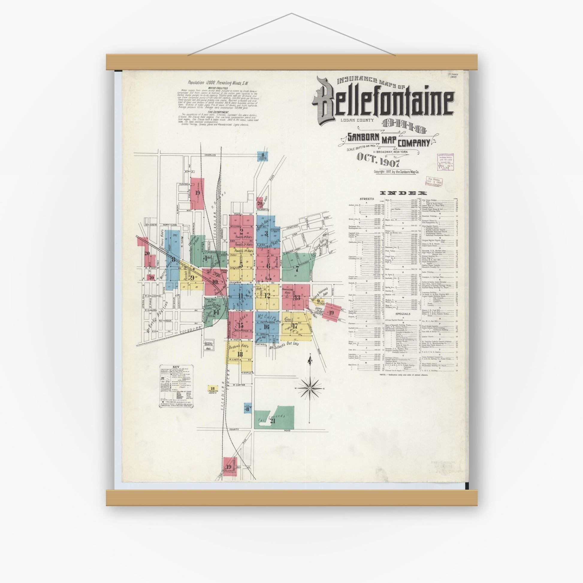 Old map wall art mockup — magnetic wood frame on white wall — Sanborn Fire Insurance Map from Bellefontaine, Logan County, Ohio (1907), Sheet #0001
