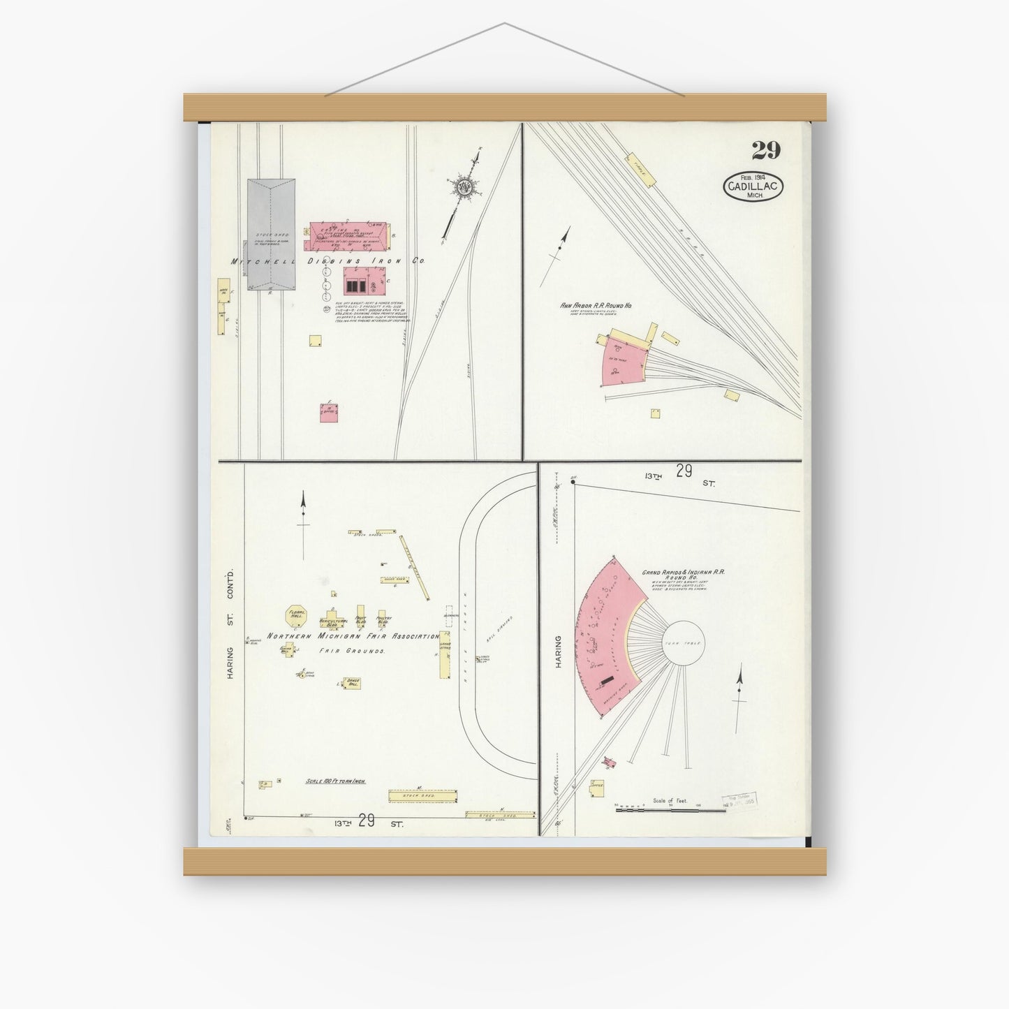 Old map wall art mockup — magnetic wood frame on white wall — Sanborn Fire Insurance Map from Cadillac, Wexford County, Michigan (1914), Sheet #0029
