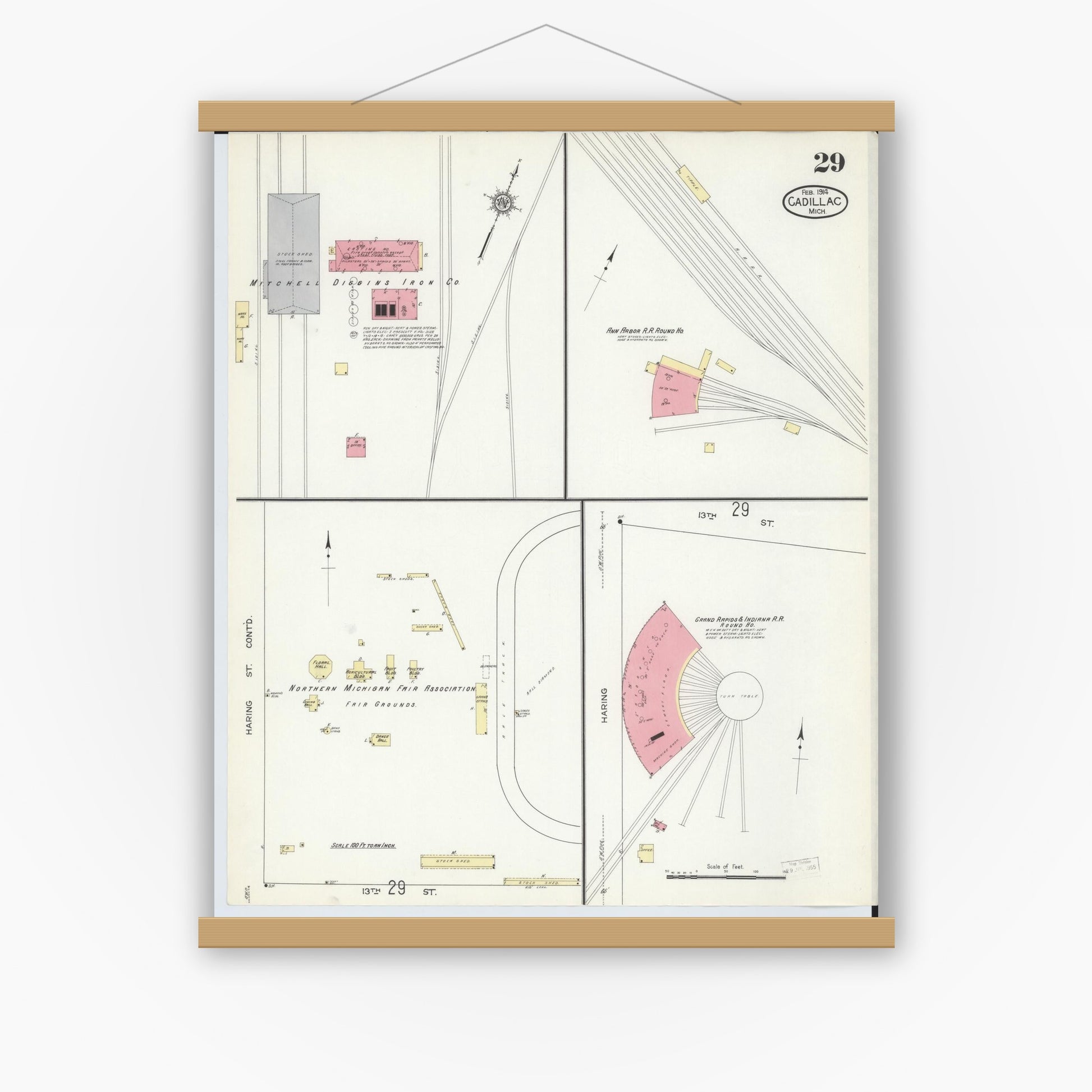 Old map wall art mockup — magnetic wood frame on white wall — Sanborn Fire Insurance Map from Cadillac, Wexford County, Michigan (1914), Sheet #0029