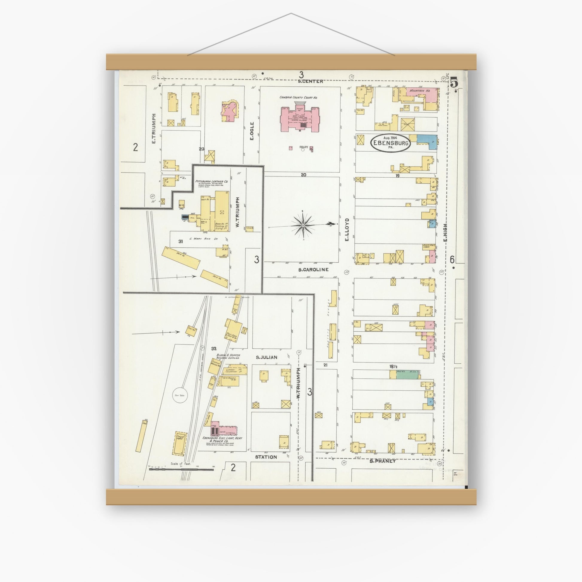 Old map wall art mockup — magnetic wood frame on white wall — Sanborn Fire Insurance Map from Ebensburg, Cambria County, Pennsylvania (1904), Sheet #0005