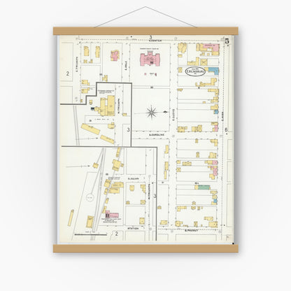Old map wall art mockup — magnetic wood frame on white wall — Sanborn Fire Insurance Map from Ebensburg, Cambria County, Pennsylvania (1904), Sheet #0005