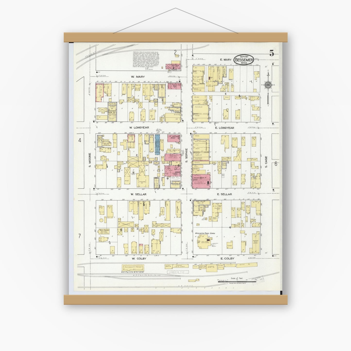 Old map wall art mockup — magnetic wood frame on white wall — Sanborn Fire Insurance Map from Bessemer, Gogebic County, Michigan (1917), Sheet #0005