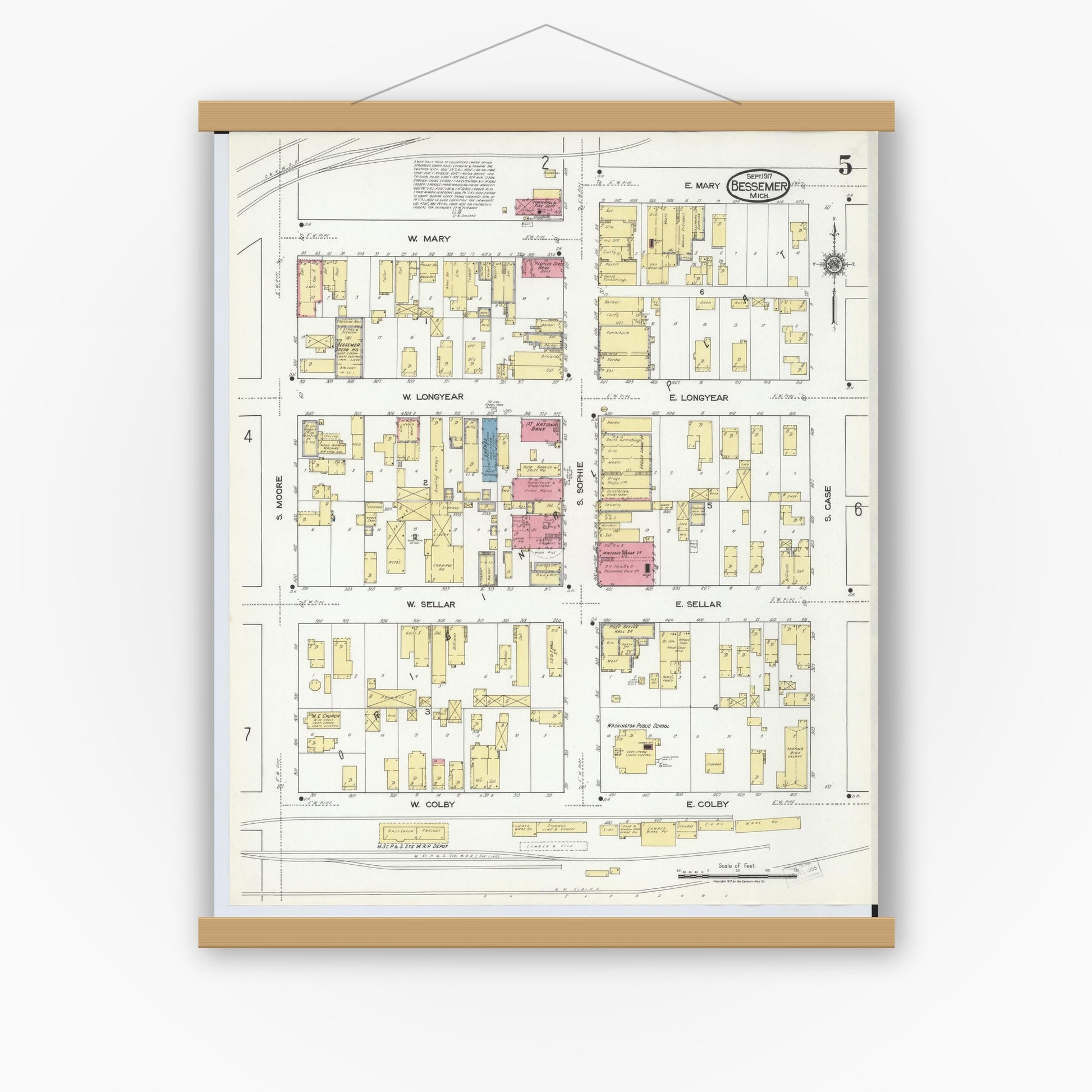 Old map wall art mockup — magnetic wood frame on white wall — Sanborn Fire Insurance Map from Bessemer, Gogebic County, Michigan (1917), Sheet #0005